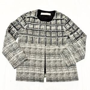 Lela Rose Embellished Black White Metallic Trimmed Plaid Blazer Jacket Size 8